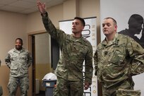 U.S. Army Staff Sgt. Justin Morelli, assigned to the 982nd Combat Camera Company (Airborne), introduces Sgt. Maj. William Armstrong, the Visual Information proponet from the U.S. Army Signal School, to U.S. and partner nation service members during Operation Skyfall USA (OS-U) on Fort Gordon, Ga., April 12, 2016. OS-U is a 982nd Combat Camera Company (Airborne) Theater Security Cooperation initiative. OS-U is a joint, multi-component, multi-lateral Combat Camera subject matter expert exchange taking place in multiple locations in Georgia. OS-U is part of a series that includes OS-Deutschland, OS-France, and OS-Kosovo. (U.S. Army photo by Spc. Joshua Wooten/Released)