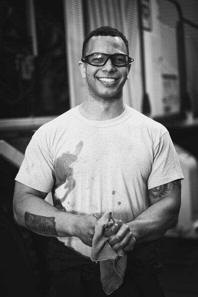 U.S. Air Force Senior Airman Stephen Royer, 374th Logistics Readiness Squadron vehicle maintenance journeyman, wipes his hands after repairing a snow sweeper at Yokota Air Base, Japan, April 13, 2016. During the spring and summer, the vehicle maintenance shop inspects and service the base’s snow equipment to ensure that it’s ready for the next winter. (U.S. Air Force photo by Senior Airman Delano Scott/Released)
