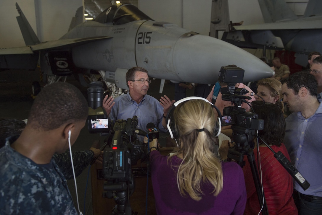 Defense Secretary Ash Carter speaks to reporters as he tours the USS John C. Stennis in the South China Sea, April 15, 2016. DoD photo by Air Force Senior Master Sgt. Adrian Cadiz