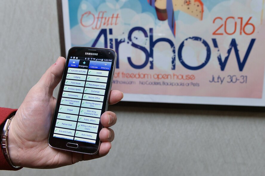 The My Military Communities 2, or MyMC2 app, has a listing of the most frequently used phone numbers on it. The app also has events with descriptions, social media and an easy-to-use calendar. (U.S. Air Force photo by Charles Haymond)
