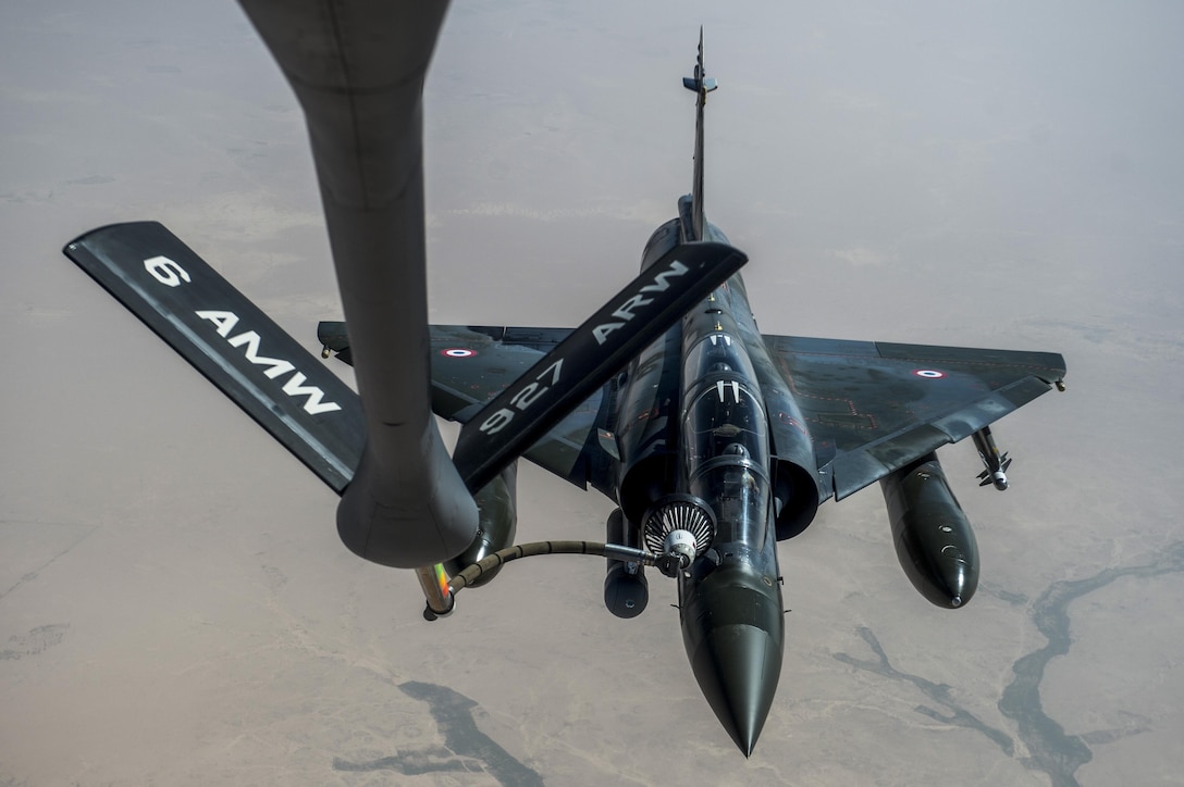 A U.S Air Force KC-135 Stratotanker aircraft refuels a French Mirage 2000D aircraft over Iraq, April 8, 2016. President Barack Obama authorized U.S. Central Command to work with partner nations to conduct targeted airstrikes of Iraq and Syria as part of the comprehensive strategy to degrade and defeat the Islamic State of Iraq and the Levant, or ISIL. Air Force photo by Staff Sgt. Corey Hook