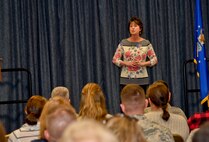 Shelly Monahan-Cain, a sexual assault survivor, talks with Team Fairchild about how she healed from her sexual assault through her faith in God, supportive coworkers and family, April 14, 2016, at Fairchild Air Force Base, Wash. Monahan-Cain is a sexual assault survivor and was one of 40 victims of a high profile criminal in the late 1970s and early 1980s named the South Hill Rapist. She has given more than 4,500 sexual assault and rape recovery talks across the country to women’s and men’s groups, high schools, middle schools and church groups. (U.S. Air Force Photo/Airman 1st Class Taylor Bourgeous)