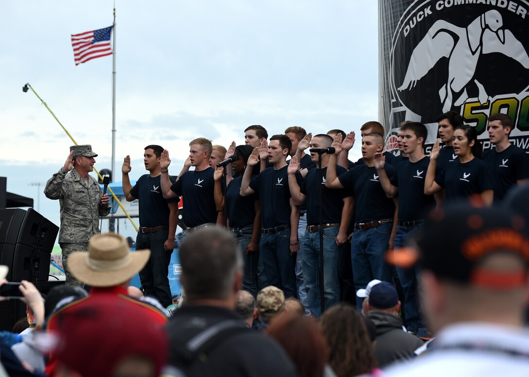 U.S. Air Force Gen. David L. Goldfein, United States Air Force vice chief of staff, administers the Oath of Enlistment to a group of men and women in the Air Force Delayed Entry Program April 9, 2016, at the Texas Motor Speedway, Fort Worth, Texas. The DEP is a program for recruits who have decided to enlist in the Air Force but have not been sent to basic training yet. (U.S. Air Force photo by Senior Airman Alexander Guerrero/Released)