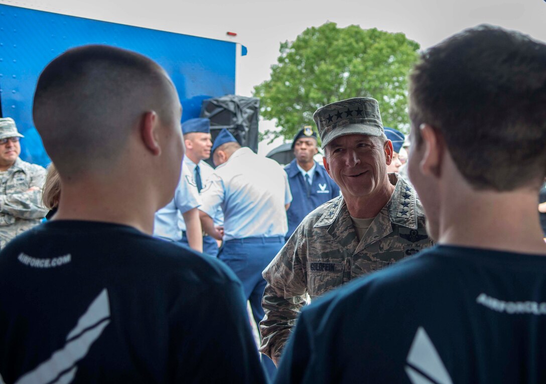 U.S. Air Force Gen. David L. Goldfein, United States Air Force vice chief of staff, meets with a group of men and women in the Air Force Delayed Entry Program before the Duck Commander 500 NASCAR race April 9, 2016, at the Texas Motor Speedway, Fort Worth, Texas. Goldfein spoke with the DEP members while answering questions and giving them military career advice.  (U.S. Air Force photo by Airman 1st Class Austin Mayfield/Released)