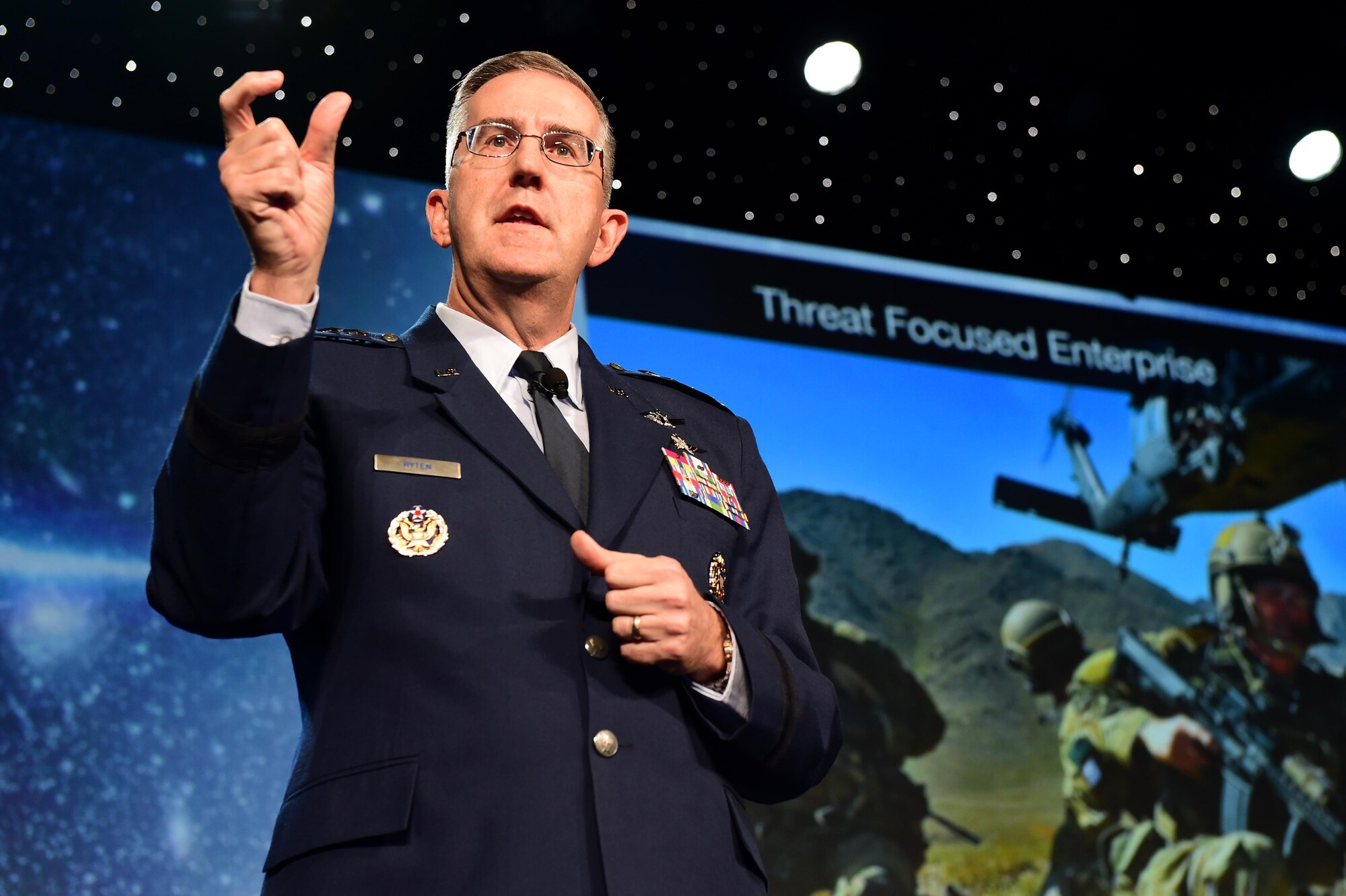 General John Hyten, commander of Air Force Space Command, speaks during a Space Symposium Program April 12, 2016, at the Broadmoor Hotel in Colorado, Springs, Colo. Hyten discussed the training of space warfighters and what improvements can be made for them to have quicker and more effective responses. (U.S. Air Force photo by Airman 1st Class Gabrielle Spradling/Released)