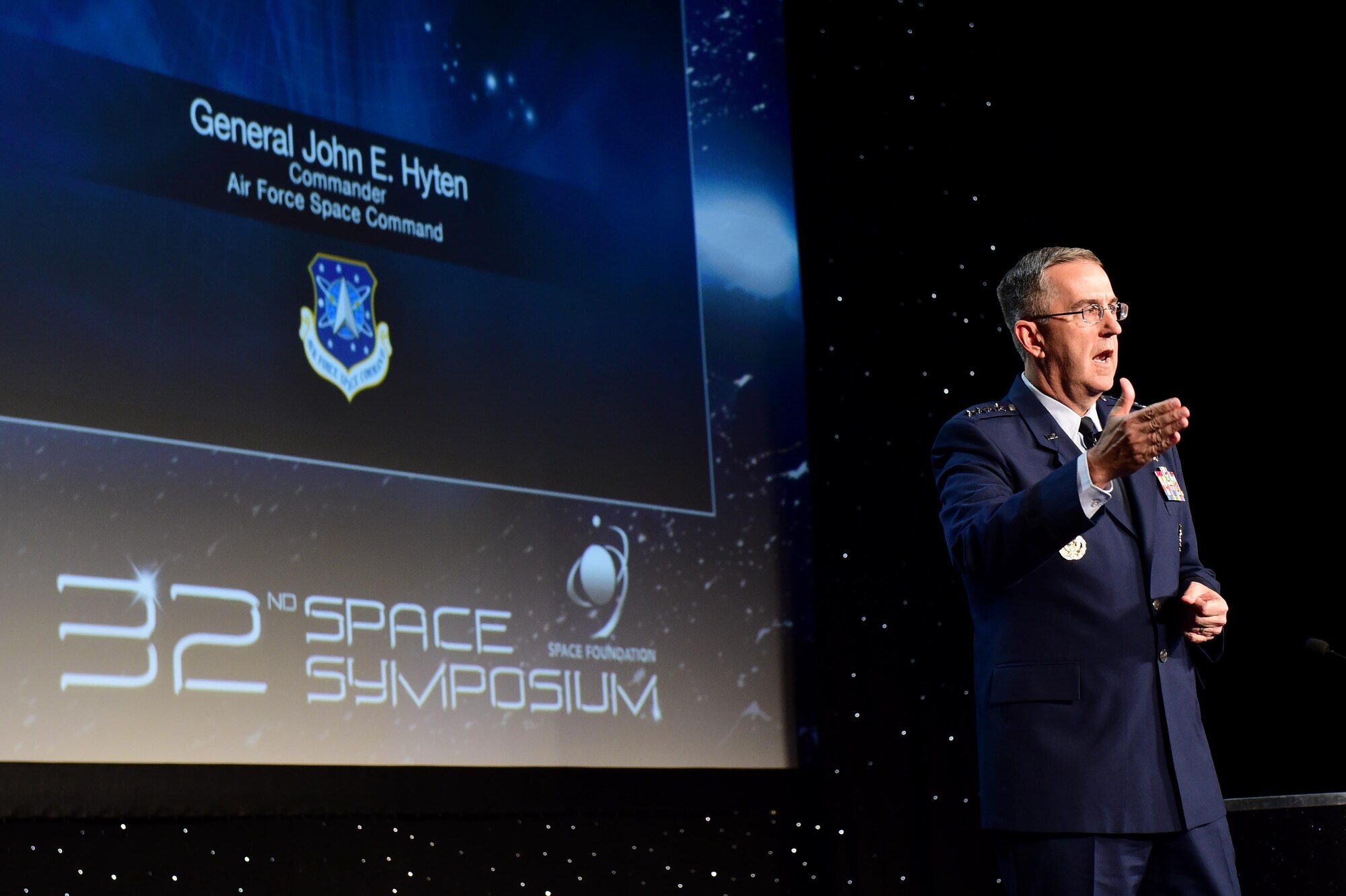 General John Hyten, commander of Air Force Space Command, speaks during a Space Symposium session April 12, 2016, at the Broadmoor Hotel in Colorado, Springs, Colo. Hyten focused on the importance of space capabilities and what improvements can be made. (U.S. Air Force photo by Airman 1st Class Gabrielle Spradling/Released)