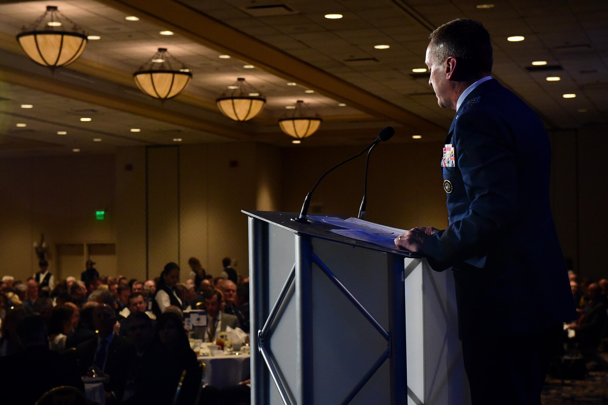 Lt. Gen. David Buck, Commander, 14th Air Force (Air Forces Strategic), Air Force Space Command; and Commander, Joint Functional Component Command for Space, U.S. Strategic Command, speaks during the Space Warfighters luncheon April 12, 2016, at the Broadmoor Hotel in Colorado Springs, Colo. The luncheon honored military men and women who play a major role in space capabilities. (U.S. Air Force photo by Airman 1st Class Gabrielle Spradling/Released)