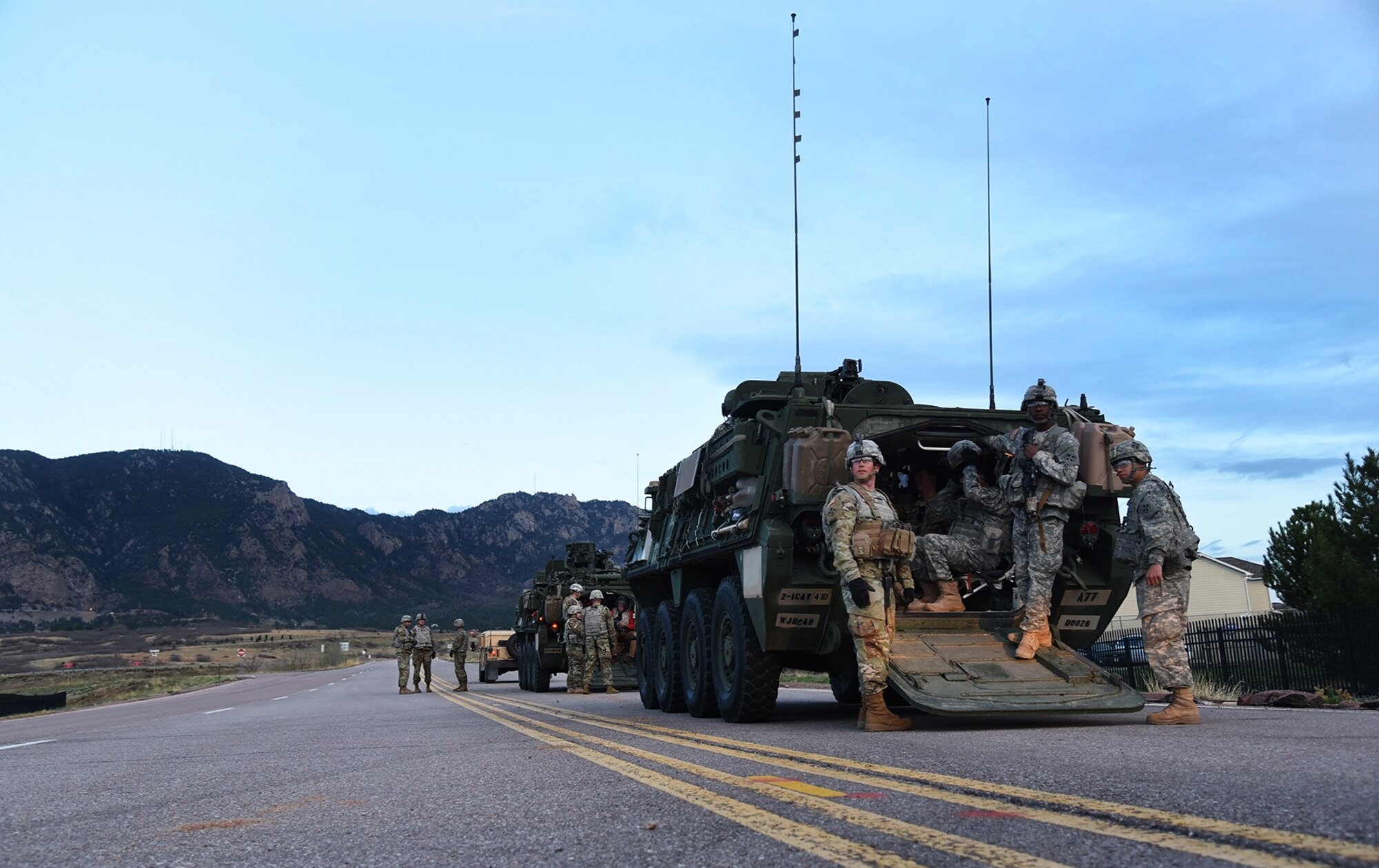 CHEYENNE MOUNTAIN AIR FORCE STATION, Colo. - Soldiers and Stryker vehicles from the 1st Stryker Brigade Combat Team, 4th Infantry Division at Fort Carson, Colo., provided support to the 50th Anniversary Rededication Ceremony at Cheyenne Mountain Air Force Station April 15, 2016. Since its inception during the Cold War through the war on terrorism, Cheyenne Mountain has remained critical to the defense mission providing command and control for the nation since 1966. Cheyenne Mountain AFS is owned by the 21st Space Wing at Peterson Air Force Base, and operated by the 721st Mission Support Group. (U.S. Air Force photo by Airman 1st Class Dennis Hoffman)