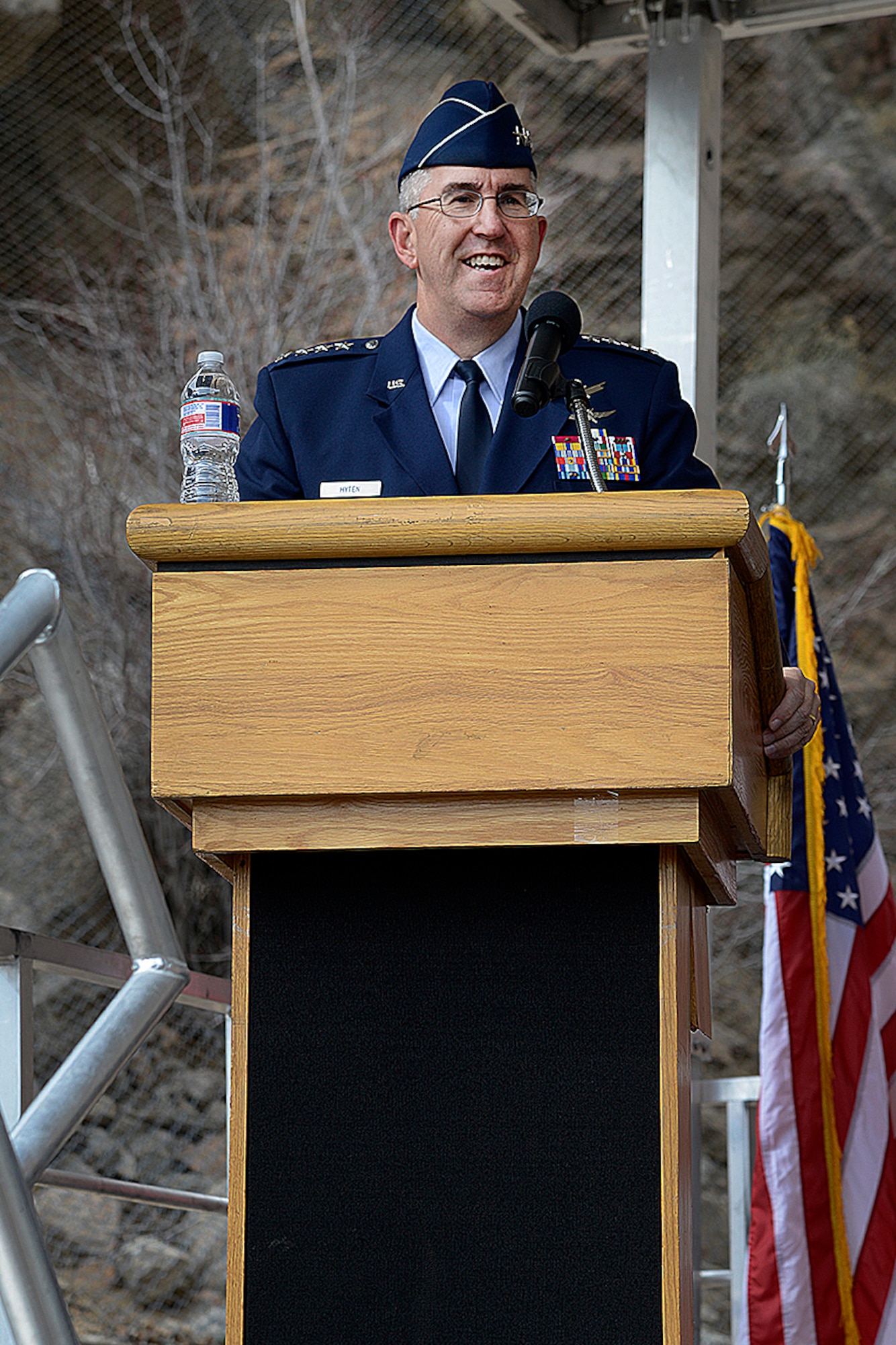 CHEYENNE MOUNTAIN AIR FORCE STATION, Colo. – Gen. John Hyten, Air Force Space Command commander, addresses attendees during the 50th Anniversary Rededication Ceremony at Cheyenne Mountain Air Force Station April 15, 2016. After nearly five years of construction, Cheyenne Mountain Air Force Station was declared fully operational April 20, 1966. Cheyenne Mountain AFS is owned by the 21st Space Wing at Peterson Air Force Base, and operated by the 721st Mission Support Group. (U.S. Air Force photograph by Rob L. Bussard)