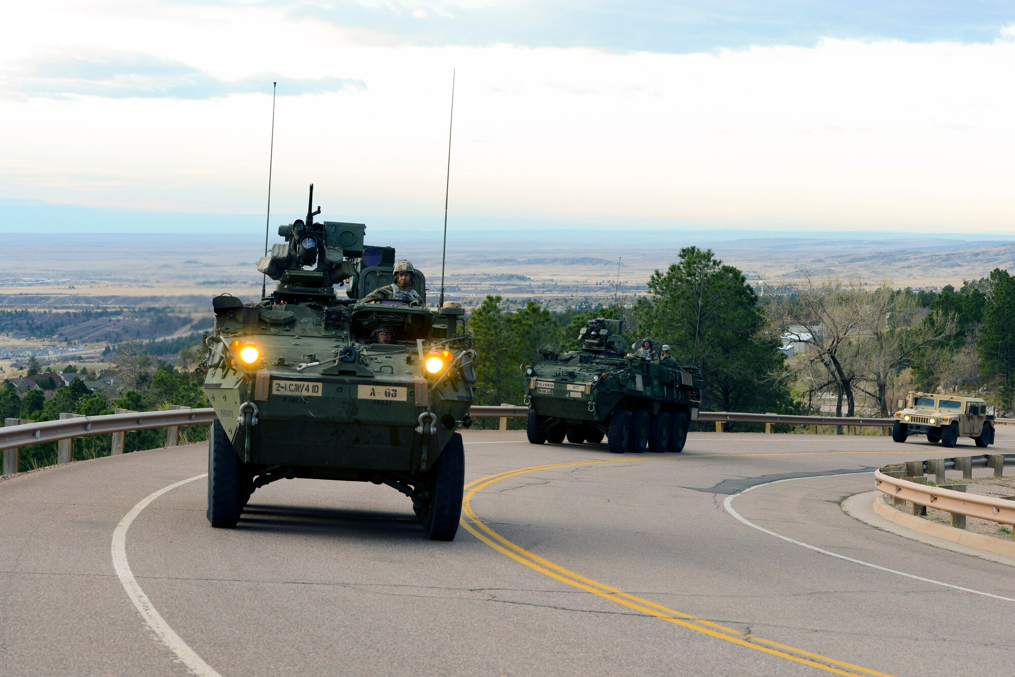 CHEYENNE MOUNTAIN AIR FORCE STATION, Colo. - Stryker vehicles from the 1st Stryker Brigade Combat Team, 4th Infantry Division at Fort Carson, Colo., make the climb up Cheyenne Mountain Road to help support the 50th Anniversary Rededication Ceremony at Cheyenne Mountain Air Force Station April 15, 2016. Since its inception during the Cold War through the war on terrorism, Cheyenne Mountain has remained critical to the defense mission providing command and control for the nation since 1966. Cheyenne Mountain AFS is owned by the 21st Space Wing at Peterson Air Force Base, and operated by the 721st Mission Support Group. (U.S. Air Force photo by Master Sgt. Jared Marquis)