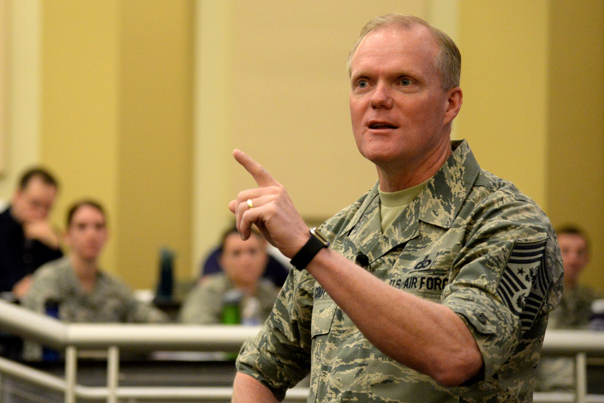Chief Master Sergeant of the Air Force James Cody speaks to attendees during the National Capital region Joint-Service Junior Officer Leadership Summit held at the General Jacob E. Smart Conference Center on Joint Base Andrews, Md., April 15, 2016. The course is designed to develop joint service junior officers by exchanging ideas with their peers and through mentoring by senior military leadership. (U.S. Air Force photo/Tech. Sgt. Matt Davis)