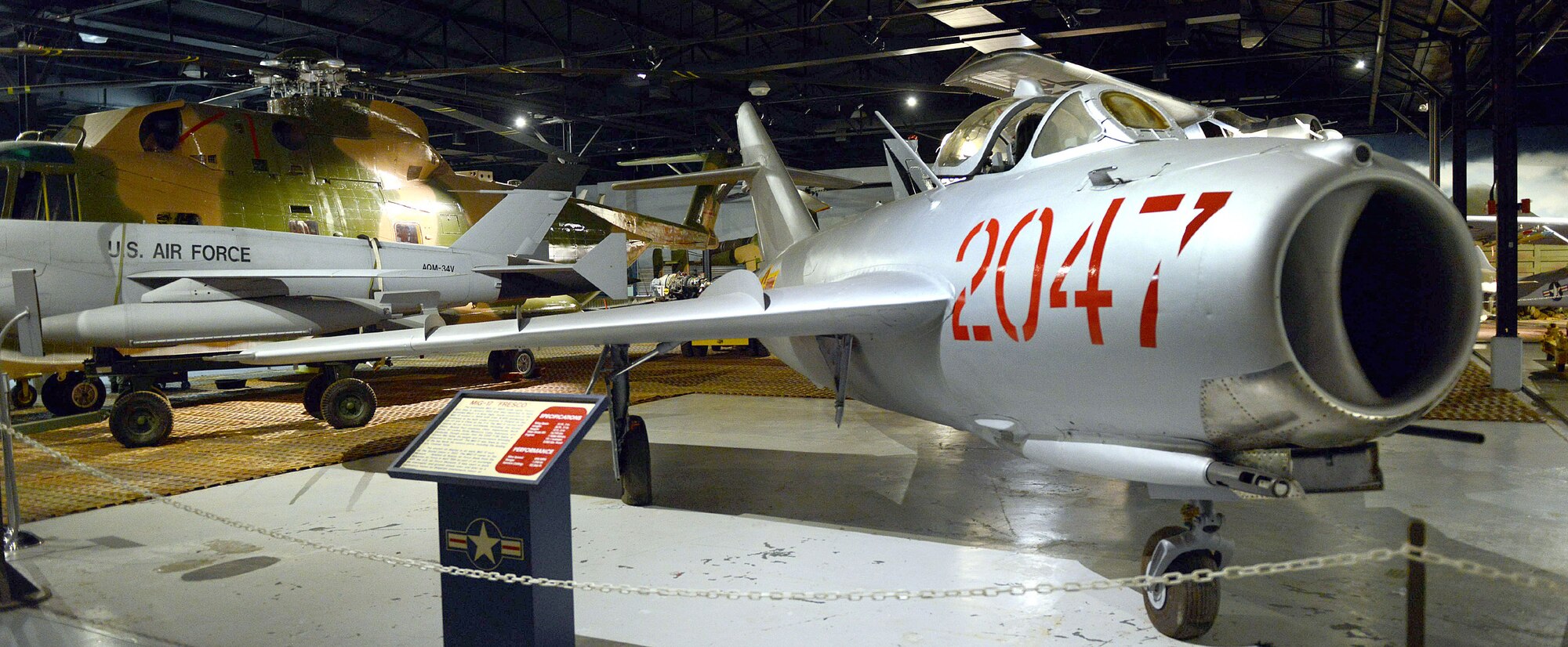 A MiG-17 Fresco is one of the aircraft displayed in Hangar One. The prototype MiG-17 NATO, code name Fresco, first flew in January 1950 and was reported to have exceeded Mach 1 in level flight. (U.S. Air Force photo by Tommie Horton)
