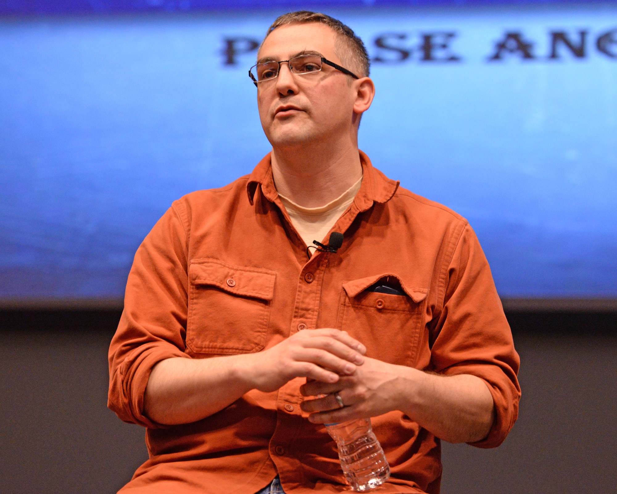 Master Sgt. Gregory A. Friend, an active duty member of the 64th Air Refueling Squadron, maintenance superintendent, shares his story with Total Force Airman in the 157th Air Refueling Wing during the Air Force Storytellers forum at the Loy auditorium, Pease Air National Guard Base, N.H., April 14, 2016. Storytellers is a resiliency forum where Airmen discuss life changing experiences, extreme circumstances, family stress and professional distress and having or finding the resiliency and strength to overcome them. (U.S. Air National Guard photo by Staff Sgt. Curtis J. Lenz)