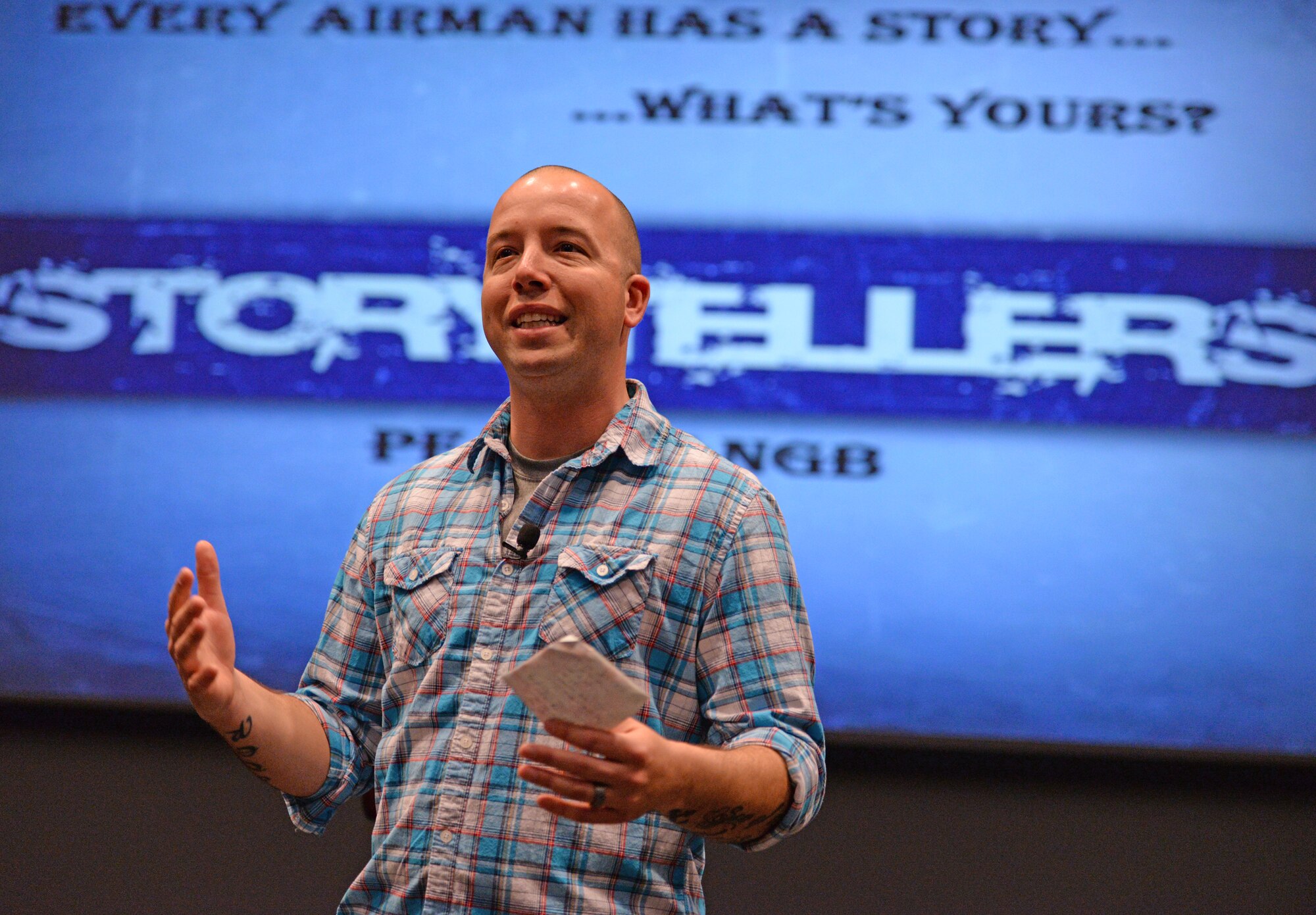 Master Sgt. Kevin Reiter, an active duty member of the 64th Air Refueling Squadron, command support staff NCO in charge, shares his story with Total Force Airman in the 157th Air Refueling Wing during the Air Force Storytellers forum at the Loy auditorium, Pease Air National Guard Base, N.H., April 14, 2016. Storytellers is a resiliency forum where Airmen discuss life changing experiences, extreme circumstances, family stress and professional distress and having or finding the resiliency and strength to overcome them. (U.S. Air National Guard photo by Staff Sgt. Curtis J. Lenz) 