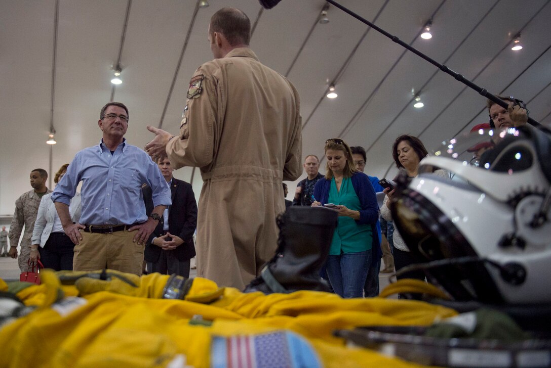 Defense Secretary Ash Carter takes a tour of a U.S. Air Force assets at  Al-Dhafra Air Base in the United Arab Emirates, April 16, 2016. On his trip, Carter will visit the United Arab Emirates and Saudi Arabia to assist the lasting defeat of the Islamic State of Iraq and the Levant, and participate in the U.S. Gulf Cooperation Council defense meeting. DoD photo by Air Force Senior Master Sgt. Adrian Cadiz