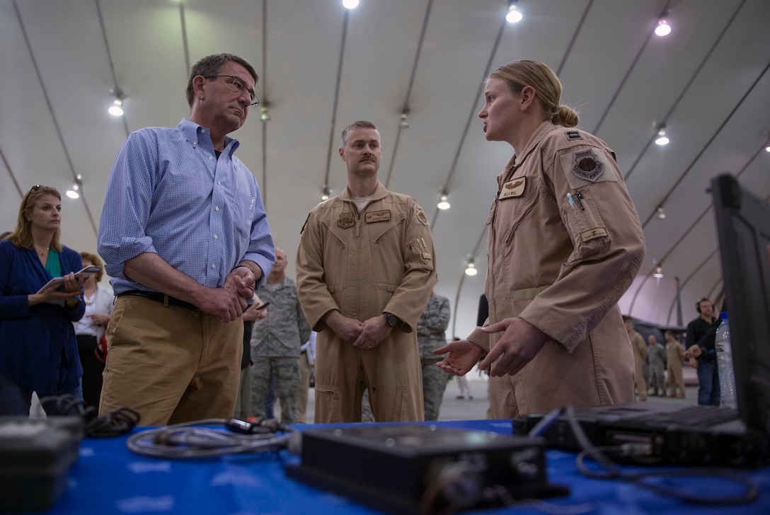 Defense Secretary Ash Carter takes a tour of a U.S. Air Force assets at Al-Dhafra Air Base in the United Arab Emirates, April 16, 2016. DoD photo by Air Force Senior Master Sgt. Adrian Cadiz.