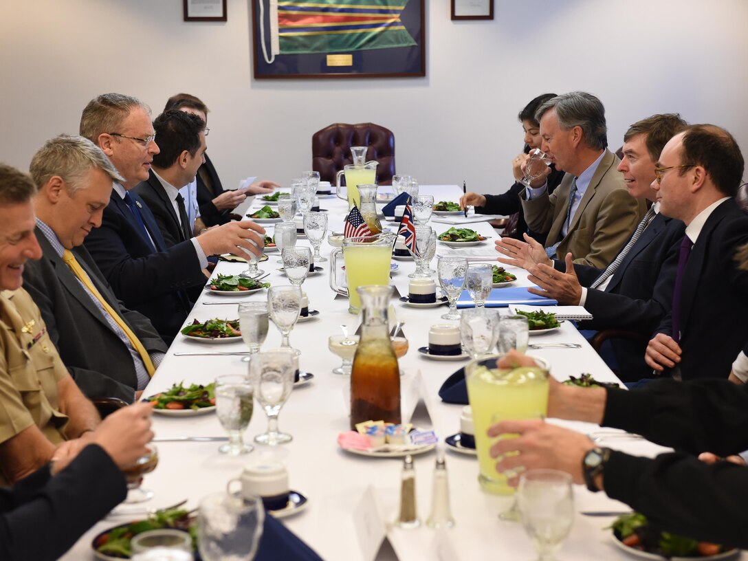 U.S. Deputy Defense Secretary Bob Work and British Defense Procurement Minister Philip Dunne conduct a working lunch at Naval Submarine Base Kings Bay, Ga., April 15, 2016. DoD photo by U.S. Army Sgt. 1st Class Clydell Kinchen

