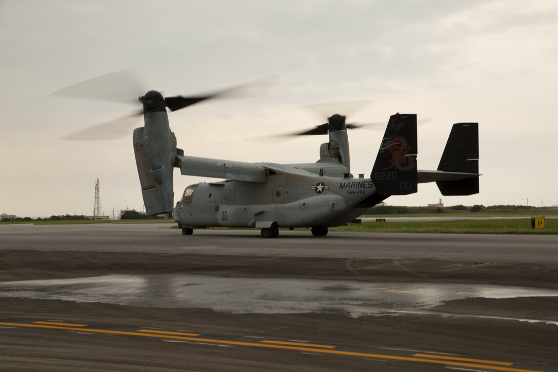 An MV-22 Osprey with Marine Medium Tiltrotor Squadron 265, 31st Marine Expeditionary Unit, begins to takeoff April 17 from Marine Corps Air Station Futenma. United States Forces, Japan is providing operational airlift support in coordination with the Government of Japan’s efforts to provide relief following the devastating earthquake near Kumamoto. “We express our deepest condolences to all of those affected by the recent earthquakes in Kyushu,” said Lt. Gen. John Dolan, commander of USFJ. “To the people of Japan and the region affected by this tragedy we send our heartfelt sympathies. The men and women of U.S. Forces, Japan stand with you during this difficult time.” The long-standing alliance between Japan and the U.S. allows U.S. military forces in Japan to provide rapid, integrated support to the Japanese Self-Defense Forces and civil relief efforts.