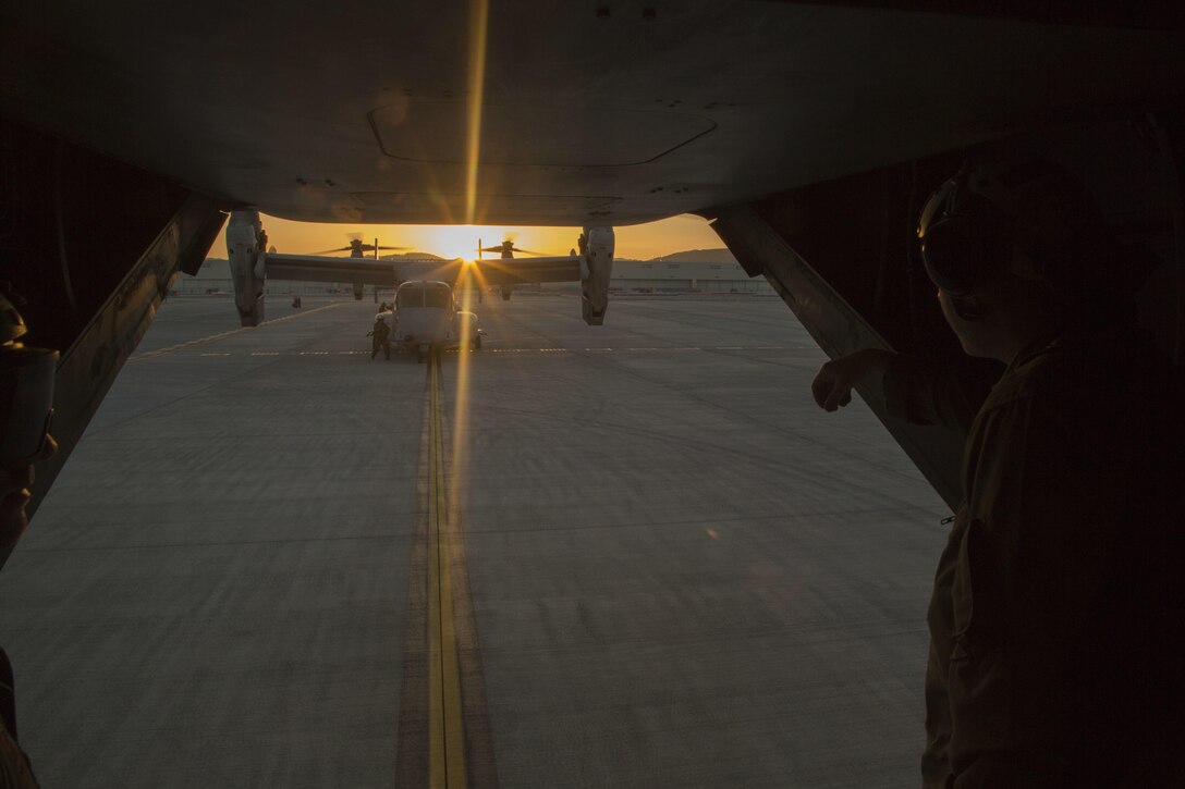 MV-22B Ospreys with Marine Medium Tiltrotor Squadron 265 (Reinforced), 31st Marine Expeditionary Unit arrive at Marine Corps Air Station Iwakuni, Japan, April 17, 2016. The aircraft arrived in preparation to support the Government of Japan’s relief efforts in response to the earthquakes that struck the island of Kyushu earlier this week. The 31st MEU is the only continually forward-deployed MEU and remains the Marine Corps’ force-in-readiness in the Asia-Pacific region. (U.S. Marine Corps photo by Cpl. Samantha Villarreal/Released)