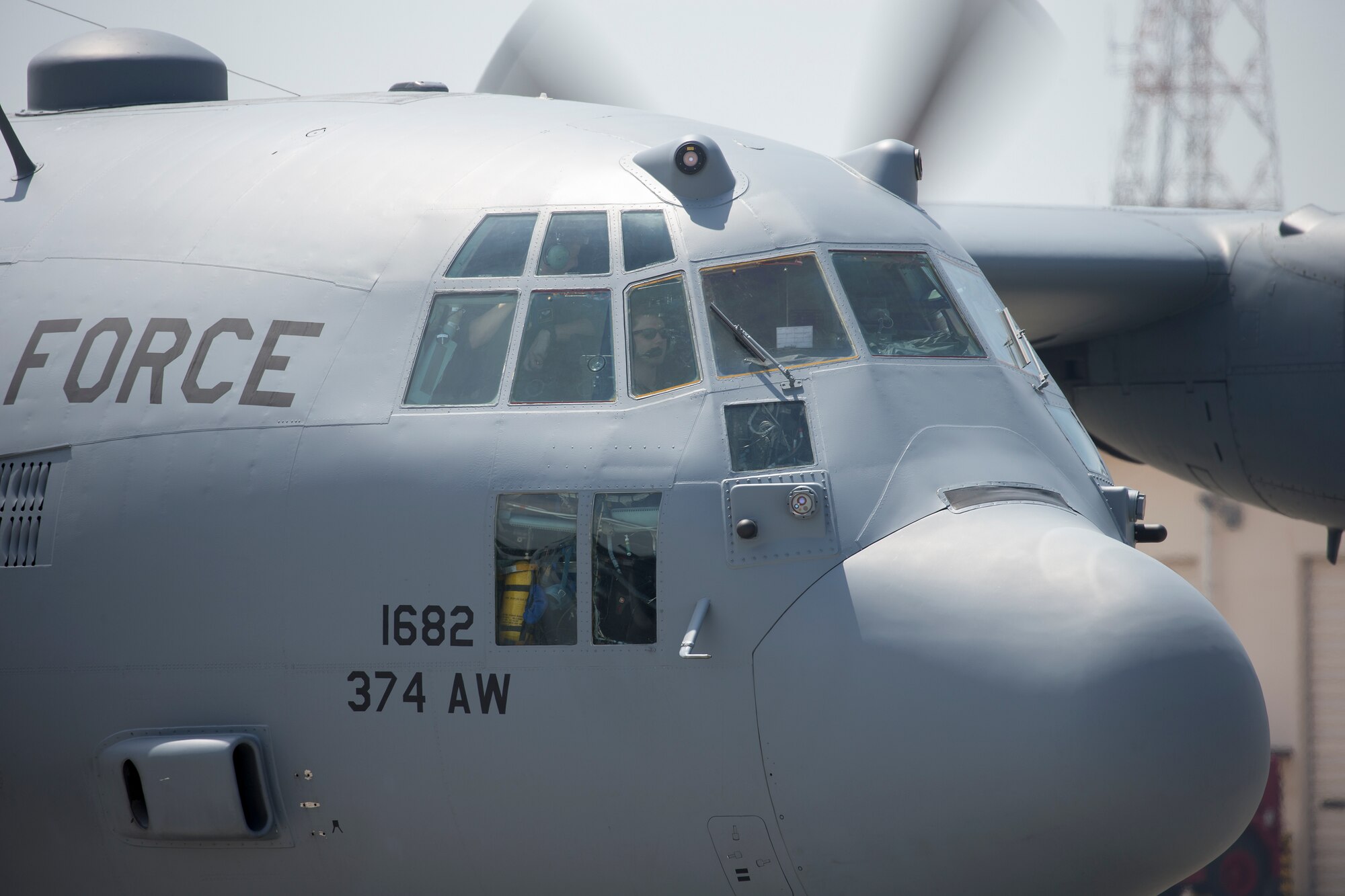 A C-130 Hercules taxis down the flightline at Yokota Air Base, Japan, April 18, 2016. The 374th Airlift Wing sent two aircraft in support of the Government of Japan in their relief efforts for the series of earthquakes that took place in the Kyushu region recently. The aircraft transported heavy vehicles and personnel from Chitose Air Base, Hokkaido to Kyushu. (U.S. Air Force photo by Yasuo Osakabe/Released)