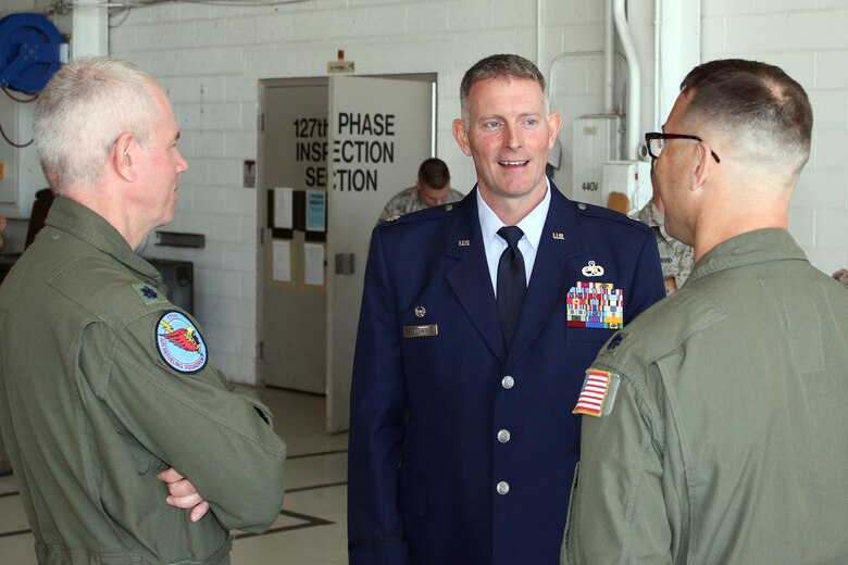 Lt. Col. David Spehar speaks with some of his peers from around the 127th Wing shortly after Spehar assumed command of the 127th Maintenance Group at Selfridge Air National Guard Base, Mich., April 16, 2017. The 127MXG maintains the A-10 Thunderbolt II aircraft at Selfridge. (U.S. Air National Guard photos by Tech. Sgt. Dan Heaton)