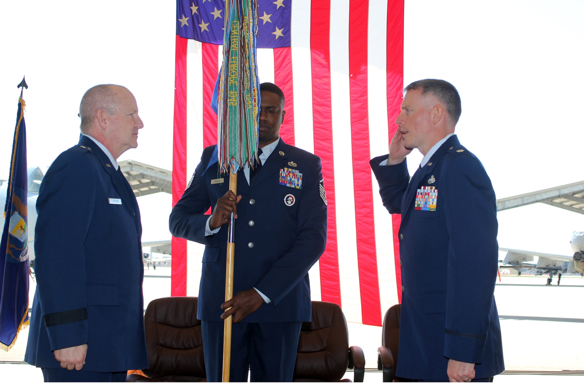 Lt. Col. David Spehar salutes Brig. Gen. John D. Slocum during a change of command ceremony for the 127th Maintenance Group at Selfridge Air National Guard Base, Mich., April 16, 2017. Slocum is the commander of the 127th Wing. Spehar assumed command of the Group, replaces Col. Rolf E. Mammen, who now serves as the 127th Wing vice commander. Holding the 127th MXG guidon is Master Sgt. Akenty Frazer, the first sergeant of the Group. The Group maintains the A-10 Thunderbolt II aircraft at Selfridge. (U.S. Air National Guard photos by Tech. Sgt. Dan Heaton)