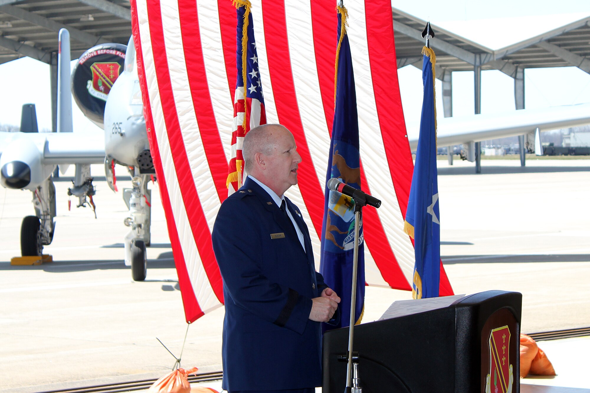 Brig. Gen. John D. Slocum, 127th Wing commander, addresses the troops during a change of command ceremony for the 127th Maintenance Group at Selfridge Air National Guard Base, Mich., April 16, 2017. The Group maintains the A-10 Thunderbolt II aircraft at Selfridge. (U.S. Air National Guard photos by Tech. Sgt. Dan Heaton)