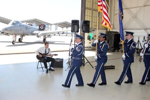 The 127th Wing Honor Guard posts the colors as Dave Spehar, the son of Lt. Col. David Spehar prepares to play the National Anthem during the change of command ceremony for the 127th Maintenance Group at Selfridge Air National Guard Base, Mich., April 16, 2017. Lt. Col. Spehar took command of the Group during the ceremony. (U.S. Air National Guard photos by Tech. Sgt. Dan Heaton)