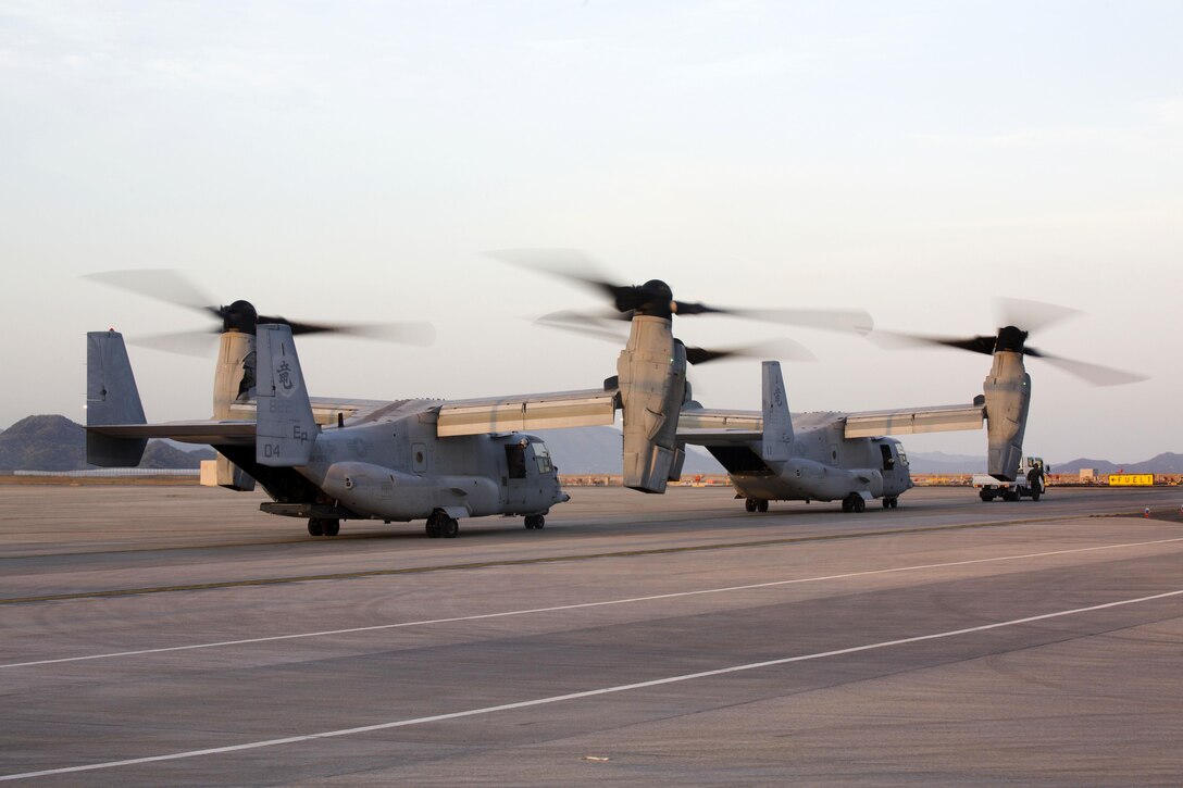 Marine Corps MV-22 Osprey aircraft arrive at Marine Corps Air Station Iwakuni, Japan, April 17, 2016, to support relief efforts following a devastating earthquake near Kumamoto, Japan. The crews and aircraft are assigned to the Marine Medium Tilitrotor Squadron 265, attached to the 31st Marine Expeditionary Unit. Marine Corps Photo by Lance Cpl. Jacob A. Farbo