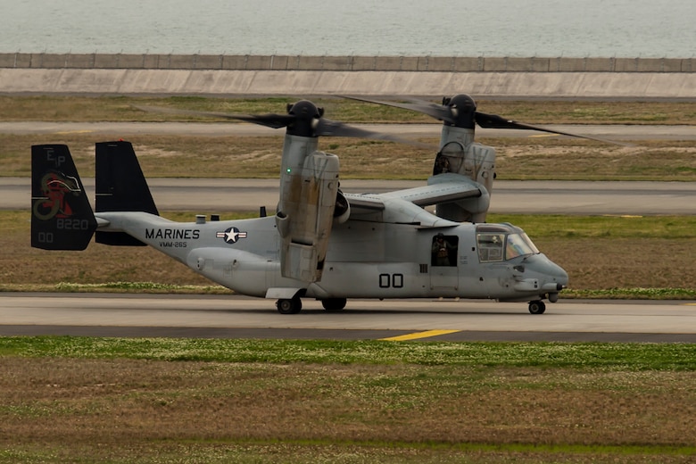 An MV-22B Osprey from Marine Medium Tiltrotor Squadron (VMM) 265 (Reinforced) attached to the 31st Marine Expeditionary Unit taxi down the runway at Marine Corps Air Station Iwakuni, Japan, in support of the Government of Japan’s relief efforts following the devastating earthquake near Kumamoto April 18, 2016. The long-standing relationship between Japan and the U.S. allows U.S. military forces in Japan to provide rapid, integrated support to the Japan Self-Defense Forces and civil relief efforts. (U.S. Marine Corps photo by Lance Cpl. Aaron Henson/Released)