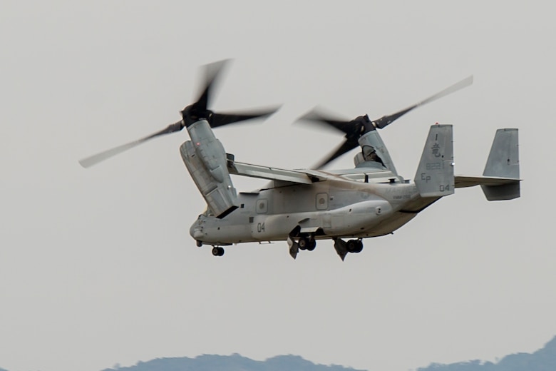 An MV-22B Osprey from Marine Medium Tiltrotor Squadron (VMM) 265 (Reinforced) attached to the 31st Marine Expeditionary Unit takes off from Marine Corps Air Station Iwakuni, Japan, in support of the Government of Japan’s relief efforts following the devastating earthquake near Kumamoto April 18, 2016. The long-standing relationship between Japan and the U.S. allows U.S. military forces in Japan to provide rapid, integrated support to the Japan Self-Defense Forces and civil relief efforts. (U.S. Marine Corps photo by Lance Cpl. Aaron Henson/Released)