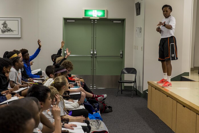Marke Freeman, a director at Point Guard College, conducts a period of classroom instruction during the 2016 Mainland Basketball Association Spring Basketball Camp at Marine Corps Air Station Iwakuni, Japan, April 13, 2016. Student athletes between the ages of 12 and 18 attended the camp seeking to improve their knowledge of skills and basketball such as shooting, passing, dribbling, rebounding and defending. The four-day camp included morning, afternoon and evening sessions, which held classroom instruction and on-court practices. (U.S. Marine Corps photo by Lance Cpl. Aaron Henson/Released)