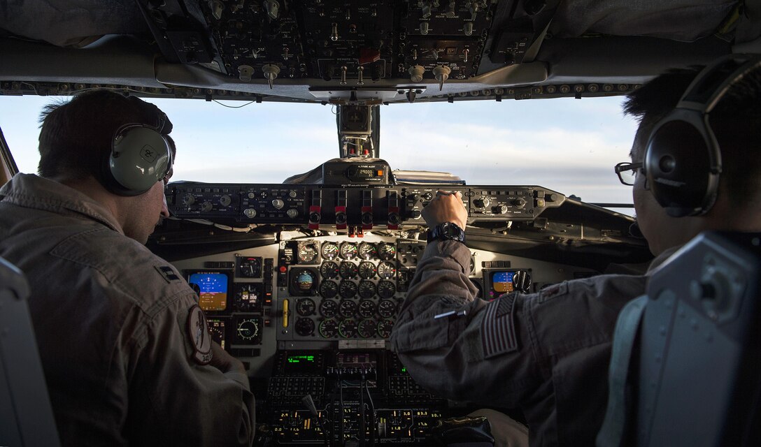 Air Force pilots fly a KC-135 Stratotanker aircraft over Iraq in support of Operation Inherent Resolve, April 6, 2016. Air Force photo by Tech. Sgt. Nathan Lipscomb