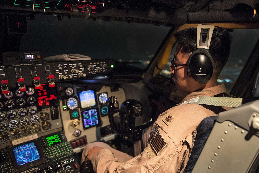 Air Force Maj. Beom approaches Al Udeid Air Base, Qatar, April 6, 2016, after supporting Operation Inherent Resolve. Beom is a pilot assigned to the 340th Expeditionary Air Refueling Squadron. Air Force photo by Tech. Sgt. Nathan Lipscomb