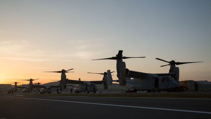 MV-22B Ospreys with Marine Medium Tiltrotor Squadron 265 (Reinforced), 31st Marine Expeditionary Unit arrive at Marine Corps Air Station Iwakuni, Japan, April 17, 2016. The aircraft arrived in preparation to support  the Government of Japan’s relief efforts in response to the earthquakes that struck the island of Kyushu earlier this week. The 31st MEU is the only continually forward-deployed MEU and remains the Marine Corps’ force-in-readiness in the Asia-Pacific region. 