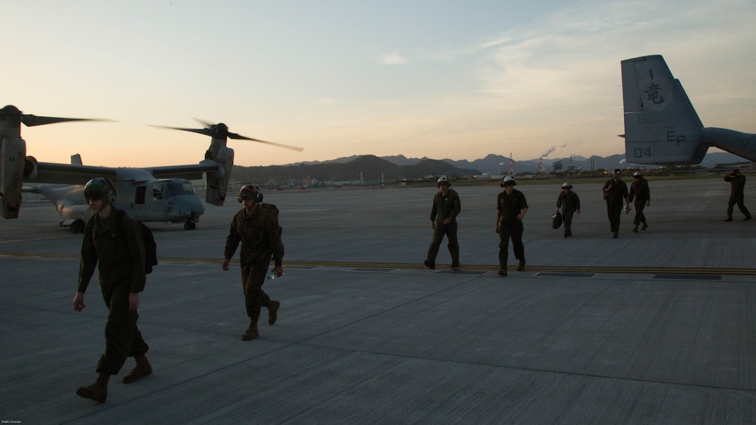 Marines disembark from MV-22B Ospreys belonging to Marine Medium Tiltrotor Squadron 265 (Reinforced), 31st Marine Expeditionary Unit, which landed at Marine Corps Air Station Iwakuni, Japan, April 17, 2016. The aircraft arrived in preparation to support the Government of Japan’s relief efforts for those affected by earthquakes that struck the island of Kyushu earlier this week. As the Marine Corps’ only continuously forward deployed unit, the 31st Marine Expeditionary Unit is prepared to respond to a wide range of military operations, from humanitarian assistance missions to limited combat operations, at a moment’s notice. 