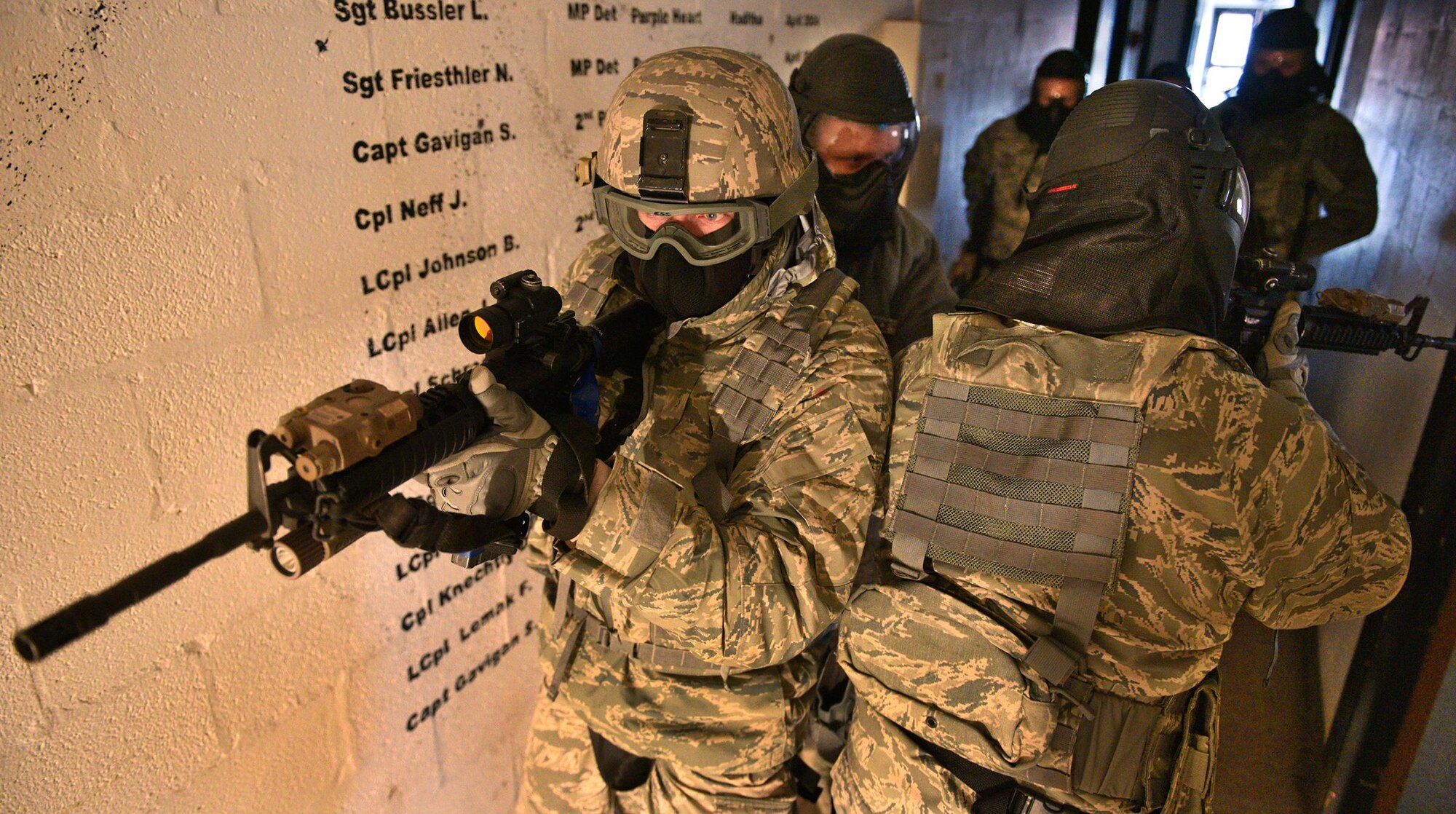 Sixteen 445th Security Forces Squadron reservists hone their skills during a “force on force” training exercise. The training not only fulfilled their annual training requirements, it also created a realistic atmosphere to prepare the Airmen for scenarios that they would find downrange or in active-shooter situations. 