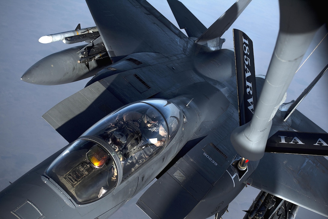 An F-15 Fighting Falcon refuels over Iraq in support of Operation Inherent Resolve, April 6, 2016. Air Force photo by Tech. Sgt. Nathan
