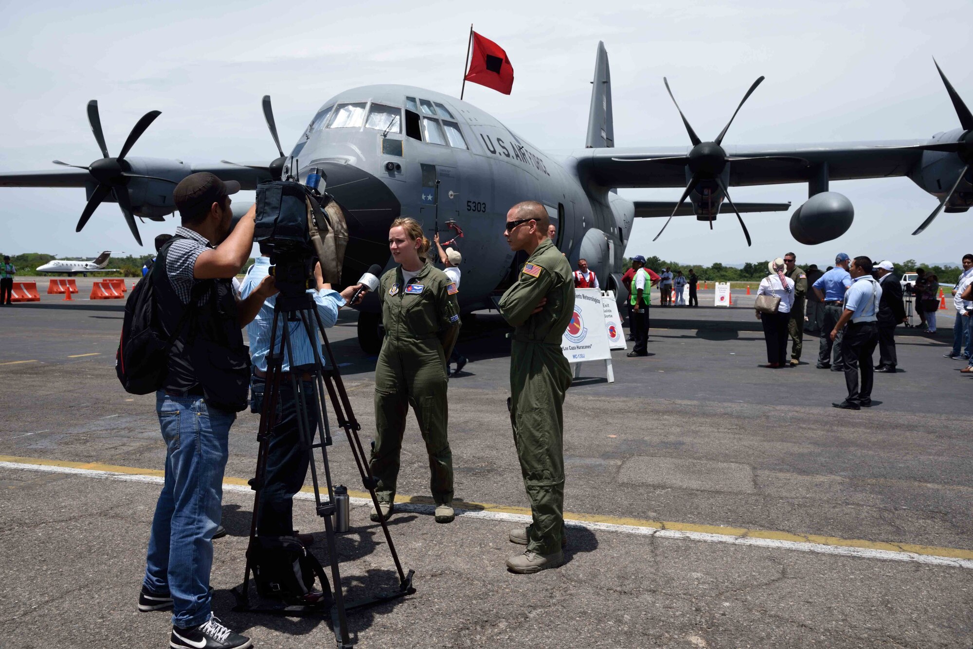 1st Lt. Leesa Froelich, 53rd Weather Reconnaissance Squadron “Hurricane Hunter” aerial reconnaissance weather officer, takes questions from local media in Puerto Vallarta, Mexico, about the mission of the Hurricane Hunters during the Caribbean Hurricane Awareness Tour April 12, 2016. The purpose of the CHAT is to raise hurricane awareness across Latin America and the Caribbean, and to maintain and expand partnerships among the National Hurricane Center, U.S. Northern Command, U.S. Air Force and neighbors in the region. (U.S. Air Force photo/Tech. Sgt. Ryan Labadens)