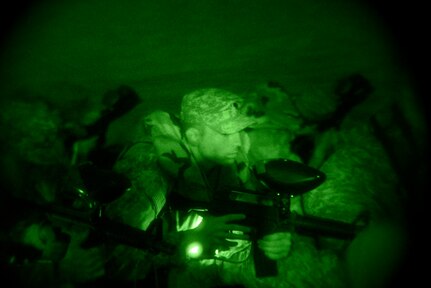 Spc. Grant Conkel of the Army Reserve’s 346th Psychological Operations Company (Airborne) out of Columbus, Ohio, readies for a nighttime exercise during training at the Indiana National Guard’s Muscatatuck Urban Training Center on Wednesday, April 13. (Indiana National Guard photo by Master Sgt. Brad Staggs, Atterbury-Muscatatuck Public Affairs)