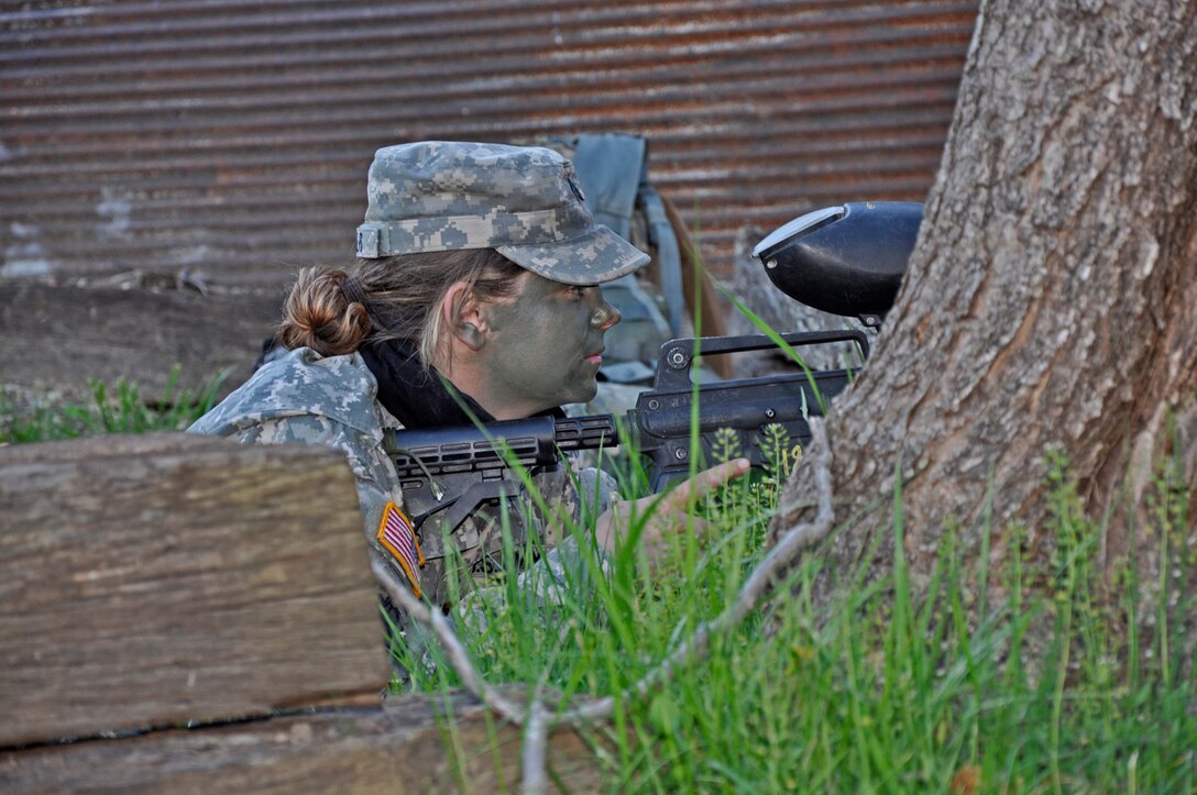 Spec. Phelps, a Soldier with the Army Reserve’s 346th Psychological Operations Company (Airborne) out of Columbus, Ohio, guards the area of operations during training at the Indiana National Guard’s Muscatatuck Urban Training Center on Wednesday, April 13. (photo by 1st Lt. Timothy Wilmetti, Chaplain Candidate, 15th Psychological Operations Battalion)