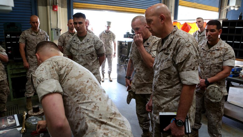 U.S. Marine Lt. Gen. David A. Berger and other high-level unit leaders receive a capabilities demonstration on 3-D printing technology at Marine Corps Base Camp Pendleton, California, April 6, 2016. Berger is the commanding general of I Marine Expeditionary Force. Marines with 1st Maintenance Battalion, Combat Logistics Regiment 15, 1st Marine Logistics Group, demonstrated the potential of 3-D printing capabilities to the commanders of I MEF and 1st MLG. Still in the testing phase, the battalion has already discovered endless possibilities as to how they can integrate the technology into their mission. 