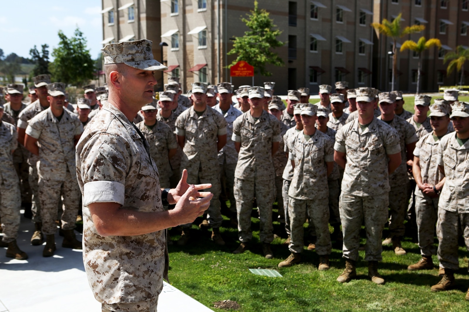 U.S. Marine Lt. Col. Eric J. Penrod addresses non-commissioned officers from 7th Engineer Support Battalion at the opening of a new NCO lounge, known as Chapultepec’s, in their barracks building aboard Camp Pendleton, Calif., April 15, 2016. Penrod is the commanding officer of 7th ESB. The newly opened lounge is dedicated to give the NCOs a place in the barracks to come together and unwind, forming stronger camaraderie in their ranks. (U.S. Marine Corps photo by Cpl. Carson Gramley/released)