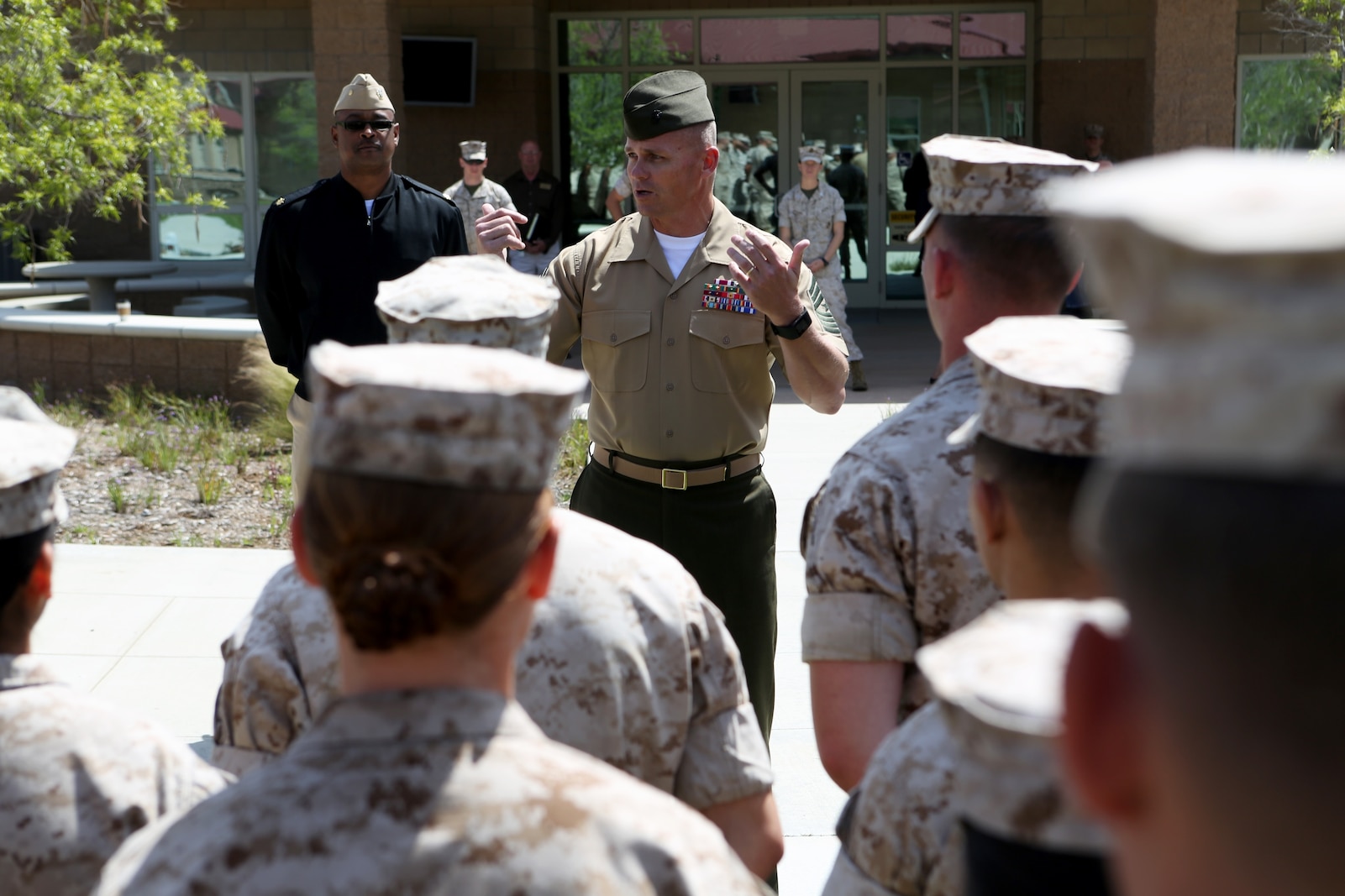 U.S. Marine Sgt. Maj. Charles W. Weeks addresses non-commissioned officers from 7th Engineer Support Battalion at the opening of a new NCO lounge, known as Chapultepec’s, in their barracks building aboard Camp Pendleton, Calif., April 15, 2016. Weeks is the sergeant major of 7th ESB. The newly opened lounge is dedicated to give the NCOs a place in the barracks to come together and unwind, forming stronger camaraderie in their ranks. (U.S. Marine Corps photo by Cpl. Carson Gramley/released)