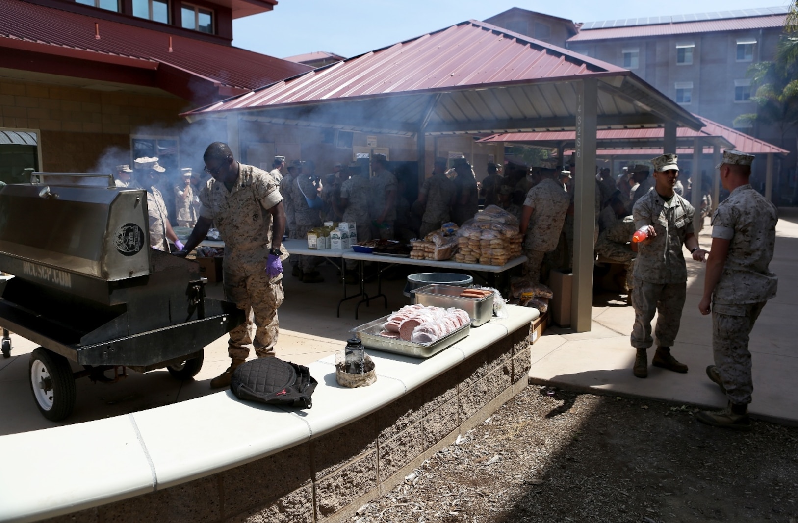 U.S. Marine non-commissioned officers and senior leaders from 7th Engineer Support Battalion participate in a cookout after the opening of their new NCO lounge, known as Chapultepec’s, in their barracks building aboard Camp Pendleton, Calif., April 15, 2016. The newly opened lounge is dedicated to give the NCOs a place in the barracks to come together and unwind, forming stronger camaraderie in their ranks. (U.S. Marine Corps photo by Cpl. Carson Gramley/released)