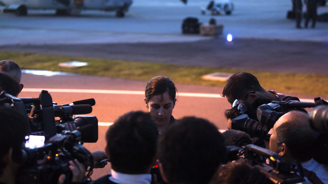 Japanese media interview Capt. Tessa Snow, an MV-22B Osprey pilot with Marine Medium Tiltrotor Squadron 265 attached to the 31st Marine Expeditionary Unit at Marine Corps Air Station Iwakuni, Japan, in support of the Government of Japan’s relief efforts following yesterday’s devastating earthquake near Kumamoto April 17, 2016. The long-standing relationship between Japan and the U.S. allows U.S. military forces in Japan to provide rapid, integrated support to the Japan Self-Defense Forces and civil relief efforts. 