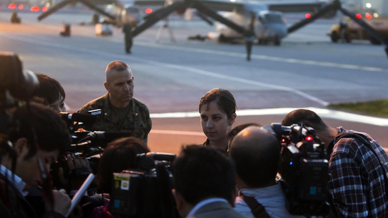 Japanese media interview Capt. Tessa Snow, an MV-22B Osprey pilot with Marine Medium Tiltrotor Squadron 265 attached to the 31st Marine Expeditionary Unit at Marine Corps Air Station Iwakuni, Japan, in support of the Government of Japan’s relief efforts following yesterday’s devastating earthquake near Kumamoto April 17, 2016. The long-standing relationship between Japan and the U.S. allows U.S. military forces in Japan to provide rapid, integrated support to the Japan Self-Defense Forces and civil relief efforts.