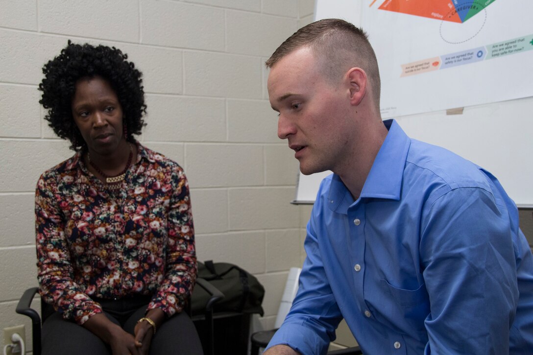 Two students enrolled in an Applied Suicide Intervention Skills Training (ASIST) and Ask, Care, Escort-Suicide Intervention (ACE-SI) workshop conducted April 15-17, 2016, in Orlando, Fla., act out an emotional roleplaying scenario where one person attempts to persuade another not to take his or her own life through ASIST’s proactive, compassionate approach to suicide prevention. Developed by LivingWorks Education, ASIST has trained more than 1 million people throughout the world on how to apply scientifically tested tools and techniques to reduce the risks associated with suicide. The U.S. Army partnered with LivingWorks in 2009 to integrate ASIST in the Army’s suicide prevention campaign. Since 2012, the number of reported suicides in the Army has decreased by nearly 20 percent thanks in part to interactive programs like ASIST. (U.S. Army photo by Sgt. John L. Carkeet IV, 143rd Sustainment Command (Expeditionary))