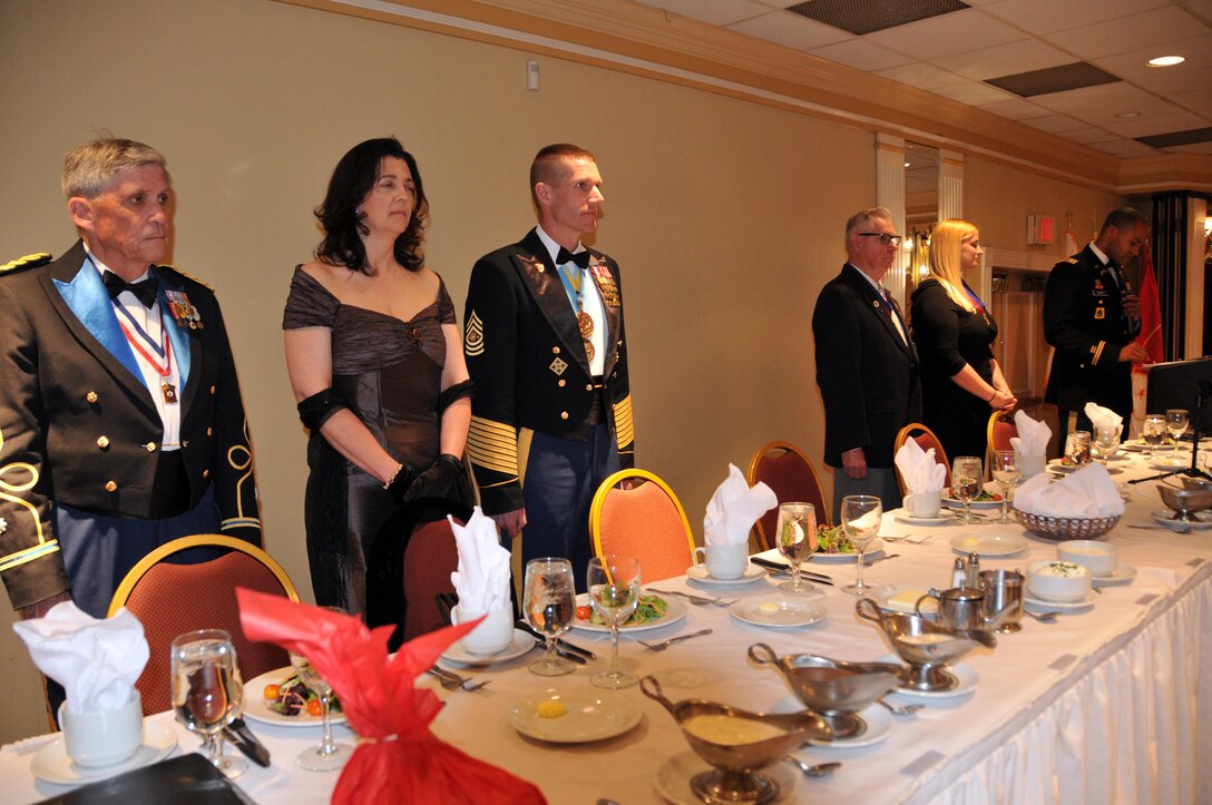 Sgt. Maj. of the Army Daniel Dailey (center) was the guest of honor at the Allentown Chapter of the Honorary First Defenders dining-in April 15 in Bethlehem, Pennsylvania.