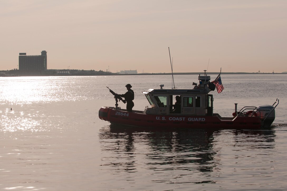 Coast Guard Maritime Safety and Security Team Boston patrols the city's waterfront in a 25-foot response boat, April 18, 2016, the day of the Boston Marathon. The Coast Guard increased its security presence in the city for the event. Coast Guard photo by Petty Officer 3rd Class Andrew Barresi